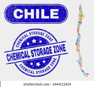 Production Chile map and blue Chemical Storage Zone scratched watermark. Bright vector Chile map mosaic of production elements. Blue round Chemical Storage Zone imprint.