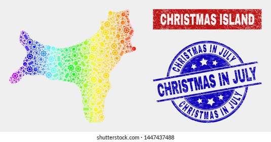 Production Christmas Island map and blue Christmas in July scratched seal stamp. Spectrum gradient vector Christmas Island map mosaic of workshop elements. Blue round Christmas in July seal.