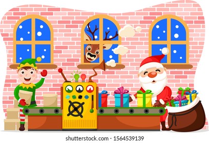 Production of Christmas toys. Santa Claus puts gifts in a bag, the elf delivers blanks and the deer looks in window.