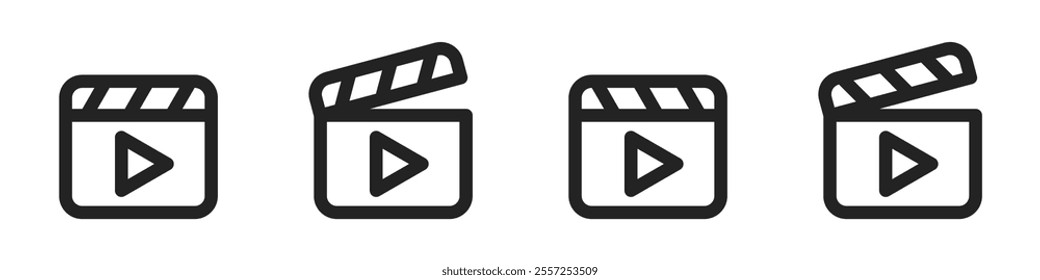Production cinema play button black outlined isolated illustration set for UI. Vector icons in flat style