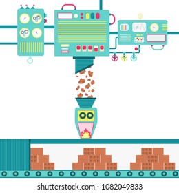 Production of clay bricks. Machinery processing crude clay and manufacturing bricks through burning ceramics.