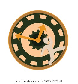 Production clock: Figure runs in a clock like a hamster wheel. Vector graphic