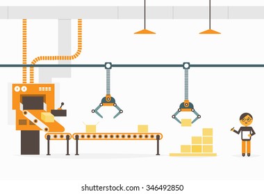 Production concept. Conveyor system in flat design. Factory production-vector illustration.