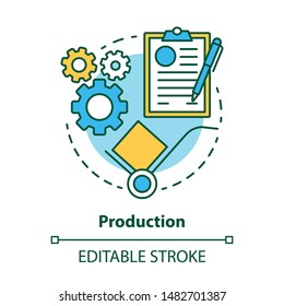 Production concept icon. Manufacturing process idea thin line illustration.  Industrial sector. Engineering. Product fabrication. Primary industry. Vector isolated outline drawing. Editable stroke