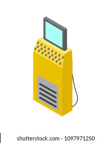 Production control computer colorful banner isolated on white background yellow machine with buttons set on dashboard, blue screen of square monitor