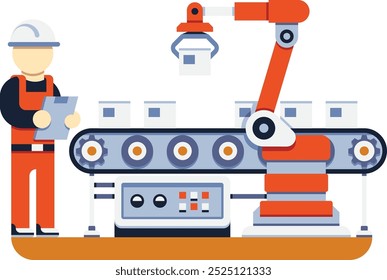 Production control concept. Factory engineer on conveyor belt