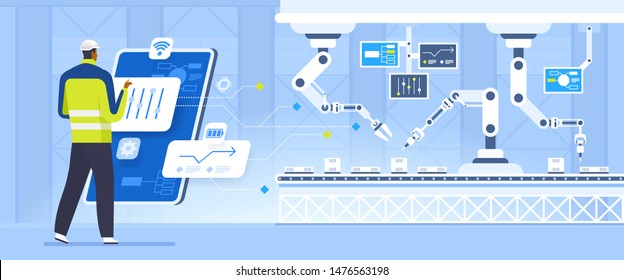 Production control flat vector illustration. Engineer in hard hat cartoon character. Factory employee working with interactive interface. Industry 4.0 concept. Assembling line calibration system