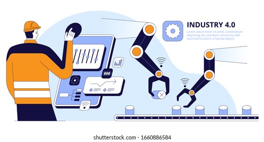 Production control flat vector illustration. Engineer in hard hat cartoon character. Factory employee working with interactive interface. Industry 4.0 concept. Assembling line calibration system