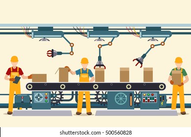 Production Conveyor Belt With Vector Factory Operational People In Uniform. Vector Illustration