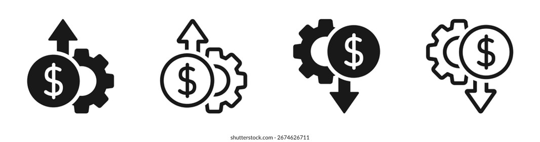 Production cost rise and fall vector signs set. Manufacturing cost increase and decrease icon