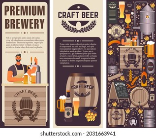 Production of craft beer in premium brewery shop or store. Manufacturing and making alcoholic beverage with different tastes. Promotional poster or banner with sample text. Vector in flat style