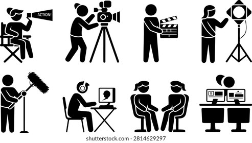 Production Crew Showing Director Camera Operator Clapperboard Lighting Boom Mic Sound Mixer and