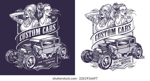 Production custom cars monochrome flyer with cute women with tattoos near retro automobile with external motor vector illustration