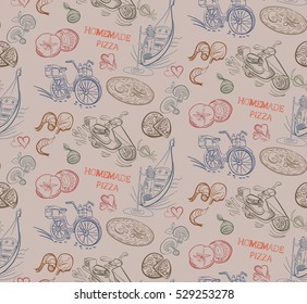 Production and delivery of homemade Italian pizzas. Vector seamless pattern.