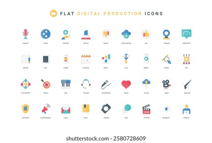 Production of digital content for online blog, vlog, mobile player app color icon set. Devices to record, edit sound and video, post for likes in social media flat elements vector illustration