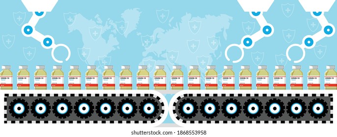 Herstellung und Vertrieb eines COVID-19-Impfstoffs. Design von gelben Impfstoffflaschen, die auf Fabrikgürtel rutschen, für die Herstellung mit Roboterhänden. Coronavirus Science Labor Metapher Poster. Vektorgrafik