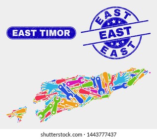 Production East Timor map and blue East grunge seal. Colored vector East Timor map mosaic of production items. Blue rounded East seal.