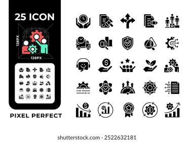 Production efficiency pixel perfect black glyph icons set on white space. Workflow organization, business performance. Silhouette symbols. Solid pictogram pack. Vector isolated illustration