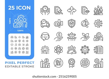 Conjunto de iconos lineales perfectos de píxeles de eficiencia de producción. Organización del flujo de trabajo, rendimiento empresarial. Símbolos de línea delgada personalizables. Ilustraciones de contorno de Vector aislado. Trazo editable