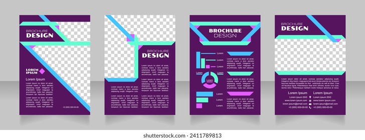 Production efficiency purple blank brochure design. Template set with copy space for text. Premade corporate reports collection. Editable 4 paper pages. Syncopate, Poller One, Arial Regular fonts used