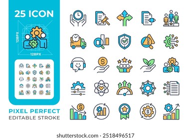 Production efficiency RGB pixel perfect color icons set. Workflow organization, business performance. Isolated vector illustrations. Simple filled line drawings collection. Editable stroke