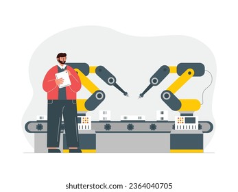 Production of electronic devices is carried out by robots with advanced technology, controlled directly by means, factory vector illustration.