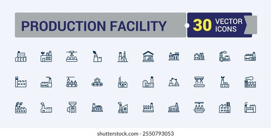 Icono de la planta de producción colección. Incluye iconos para la industria, maquinaria, producción, fabricación, productividad, industrial y más. Iconos lineales mínimos. Trazo editable de línea sólida.