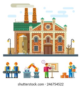 Production at the factory. Technological process: design, manufacturing, assembly, quality control, packaging. Factory building. Vector flat illustration