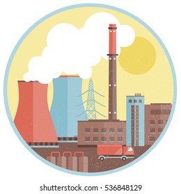 Production factory template with buildings smoke chimney truck harmful emissions in circle isolated vector illustration