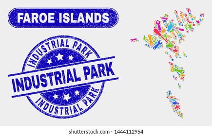 Production Faroe Islands map and blue Industrial Park distress stamp. Bright vector Faroe Islands map mosaic of production items. Blue rounded Industrial Park seal.