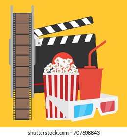 Production of film, film, popcorn, cola, 3d glasses. Flat design vector illustration, vector.