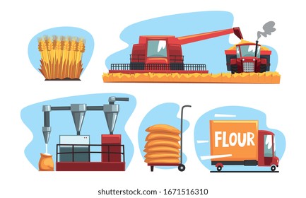 Production of Flour and Bread Set, Industrial Wheat Processing Vector Illustration on White Background