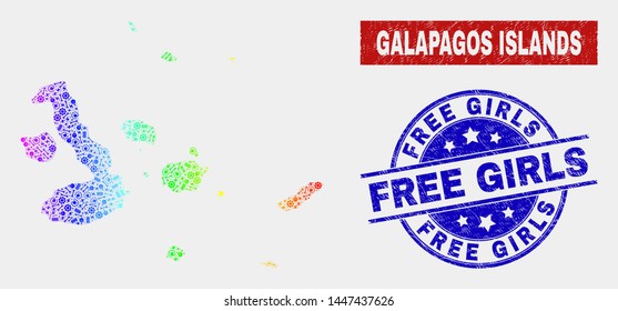 Production Galapagos Islands map and blue Free Girls scratched seal stamp. Spectrum gradiented vector Galapagos Islands map mosaic of tools elements. Blue round Free Girls seal.
