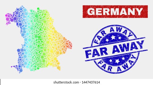Production Germany map and blue Far Away scratched seal stamp. Spectrum gradient vector Germany map mosaic of service items. Blue round Far Away seal.