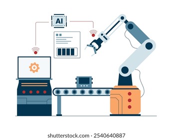 Production of good with automated and high-tech machines, industrial vector illustration.