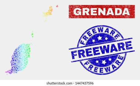 Production Grenada map and blue Freeware scratched stamp. Spectral gradiented vector Grenada map mosaic of production elements. Blue rounded Freeware stamp.