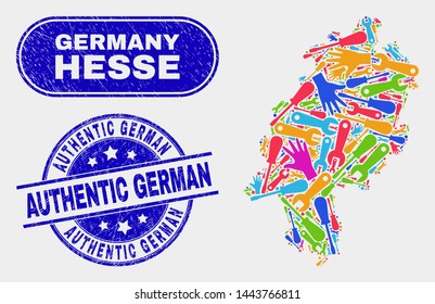 Production Hesse Land map and blue Authentic German distress seal stamp. Colorful vector Hesse Land map mosaic of machinery units. Blue round Authentic German stamp.