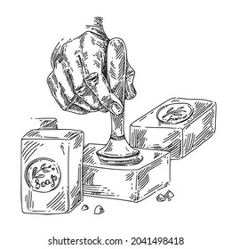 Herstellung von Hausseife. Prozess. Skizze. Stempel. Gravur-Stil. Vektorgrafik.