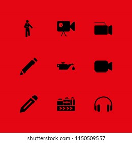 production icon. 9 production set with audio, oil, worker and film vector icons for web and mobile app