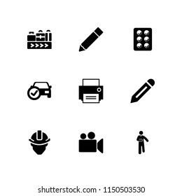 production icon. 9 production set with print, video camera, automobile and worker vector icons for web and mobile app