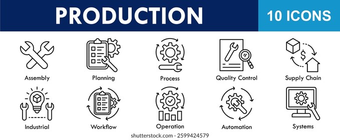 Production icon collection set. Containing design industry, production, factory, manufacturing, technology