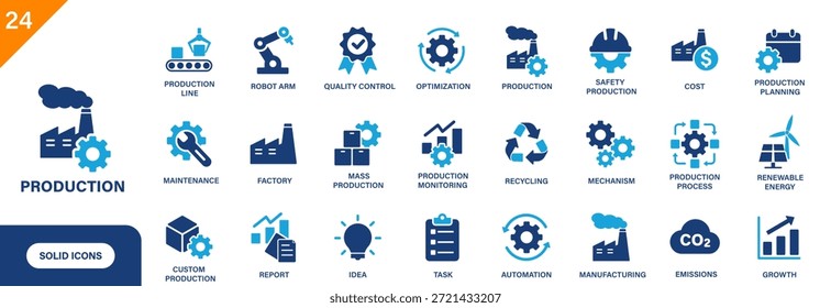 Icono de producción. Incluye fábrica, brazo robótico, industrial, costo, producción personalizada. Conjunto de iconos de Vector sólido.