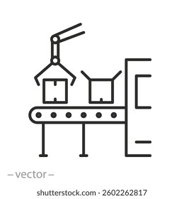production icon, industrial robots, assembly line, thin line symbol on white background - editable stroke vector illustration eps10