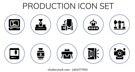 production icon set. 10 filled production icons.  Collection Of - 3d printer, Conveyor, Gas, Reservoir, Robot, Derrick