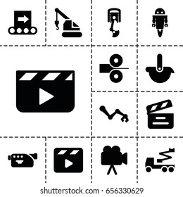 Production icon. set of 13 filled productionicons such as crane, movie clapper, camera, robot arm, conveyor, robot, paper press
