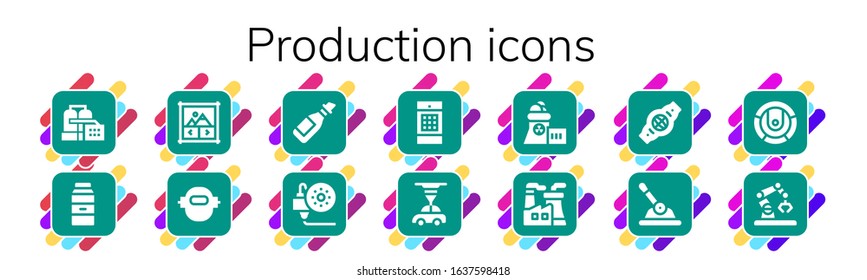 production icon set. 14 filled production icons. Included Factory, Milk, Image gallery, Robot, Oil, 3d printing, 3d printer, Nuclear plant, Belt, Control icons