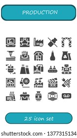 production icon set. 25 filled production icons.  Collection Of - 3d printer, Scene, Factory, Dairy, Rigging, Warehouse, Oil, Nuclear plant, 3d modeling, Conveyor, Robot, Image gallery