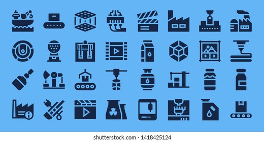 production icon set. 32 filled production icons. on blue background style Simple modern icons about  - Factory, Robot, Fermentation, Conveyor, Machine, Derrick, Cutter, 3d printer