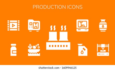 production icon set. 9 filled production icons. Included Factory, 3d printer, Milk, Film roll, Gas icons