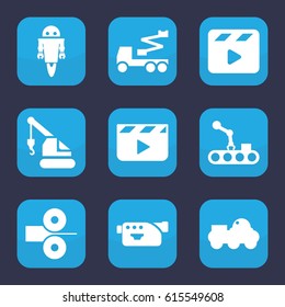 Production icon. set of 9 filled production icons such as crane, movie clapper, camera, conveyor and robot arm, robot, paper press
